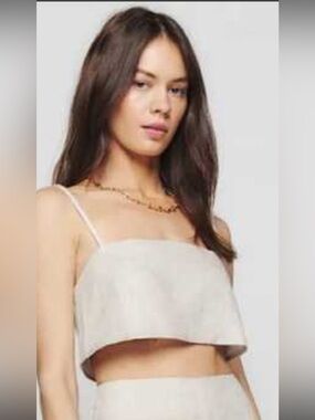 Reformation Cleo Cropped Linen Adjustable Strap Back Button Top Beige 6